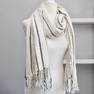 Vince Cream Gray Striped Cotton Gauze Stripe Rectangle Finge Scarf NWT